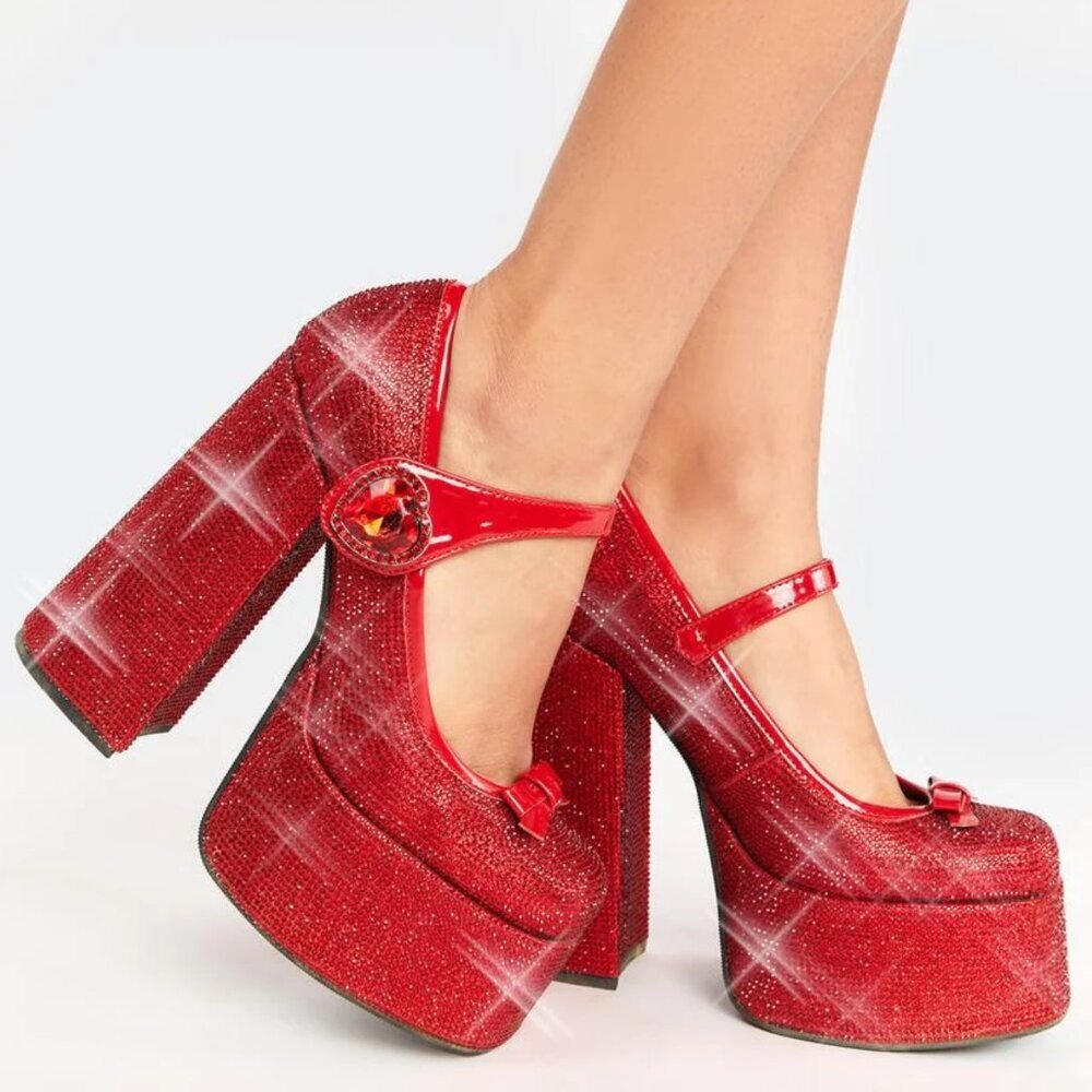 Dolls Kill Red Glitter Platform Mary Jane Heels - Picture 2 of 16